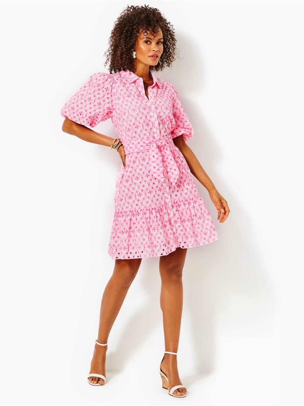 Lilly Pulitzer 100% Cotton Cartley Elbow Sleeve Eyelet Shirt Dress Size 12